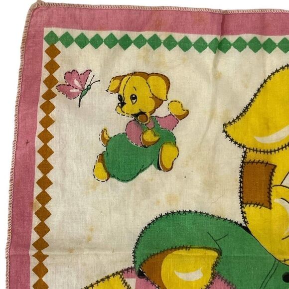 Vintage Handkerchief Mid Century 1950s Puppy Patchwork Pink Cotton Square 8x8 In - Picture 2 of 4